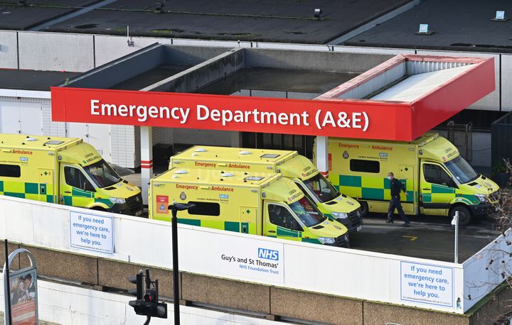Ambulances are seen outside the emergency department of St Thomas' Hospital in London.