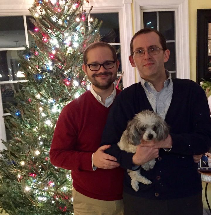 The author and Michael celebrate Christmas with their dog, Ruby, a year after their trip.