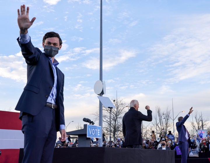 Democratic U.S. Senate candidates Jon Ossoff and Raphael Warnock rallied with President-elect Joe Biden in Atlanta ahead of Tuesday's vote.