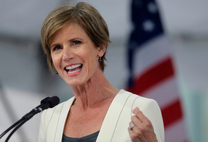 In this May 24, 2017, file photo, former deputy Attorney General Sally Yates speaks at Harvard Law School Class Day in Cambridge, Massachusetts. She is reportedly currently being considered for the attorney general role in Joe Biden's administration. 