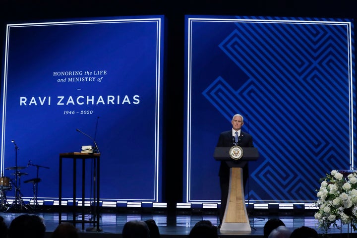 Vice President Mike Pence speaks at Passion City Church during a memorial service for Ravi Zacharias on Friday, May 29, 2020, in Atlanta. 