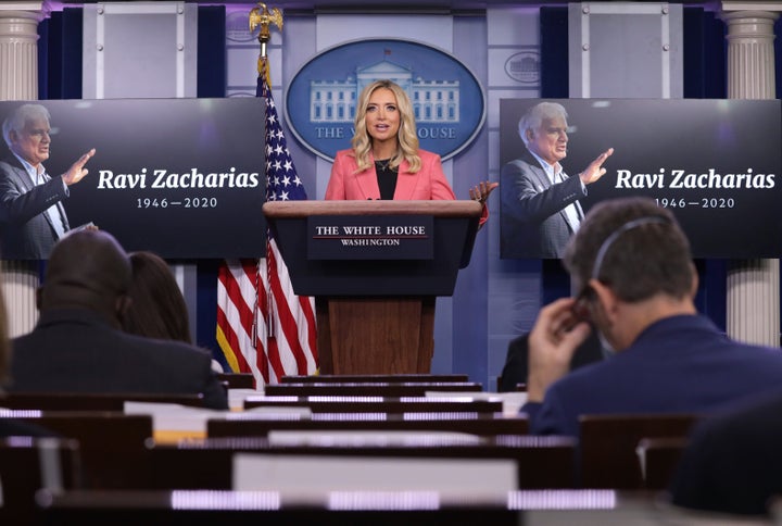 White House Press Secretary Kayleigh McEnany praises Christian evangelist Ravi Zacharias after his death, during a news briefing at the White House on May 20, 2020 in Washington, DC. 