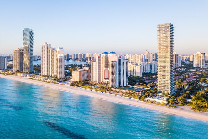 Aerial panorama of skyline at waterfront of South Florida