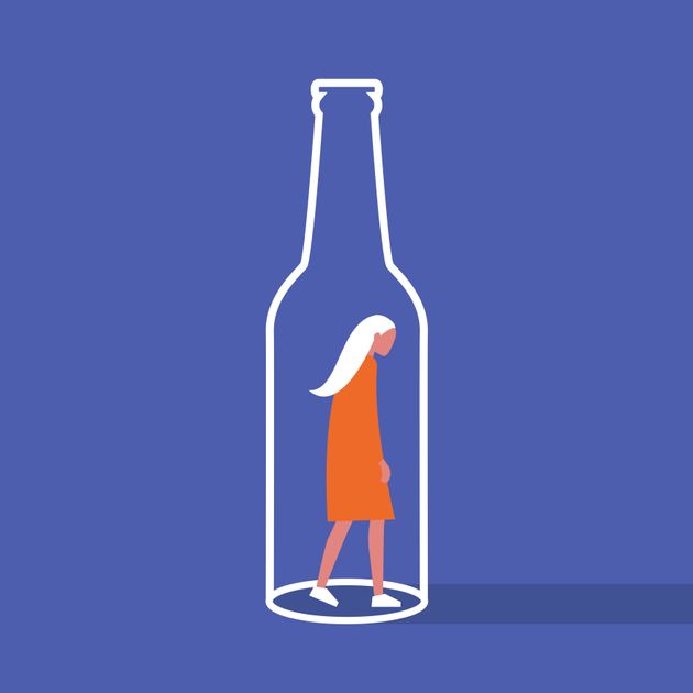 Alcoholism. Young female character trapped inside a bottle. Addiction. Booze. Flat editable vector illustration, clip art