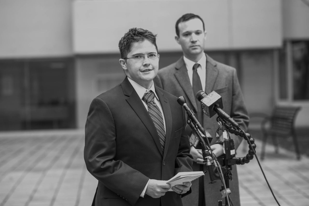 Navy Petty Officer 1st Class Brock Stone speaks to reporters in Baltimore on Nov. 9, 2017. He is one of several plaintiffs suing the Trump administration over a transgender ban.