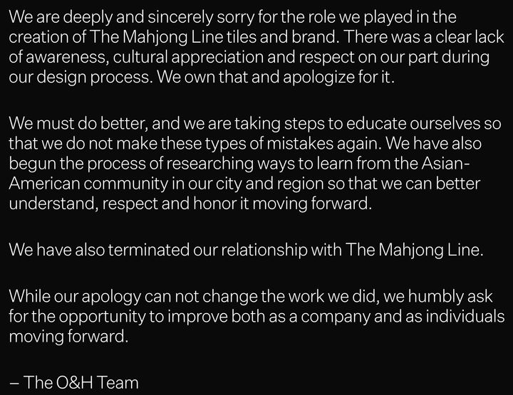 A pop-up on the O&H Brand Design website apologizing for its role in the creation of The Mahjong Line.