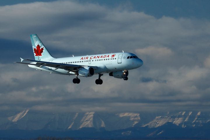 An Air Canada plane lands in Calgary, Alberta on Nov. 28, 2020. 