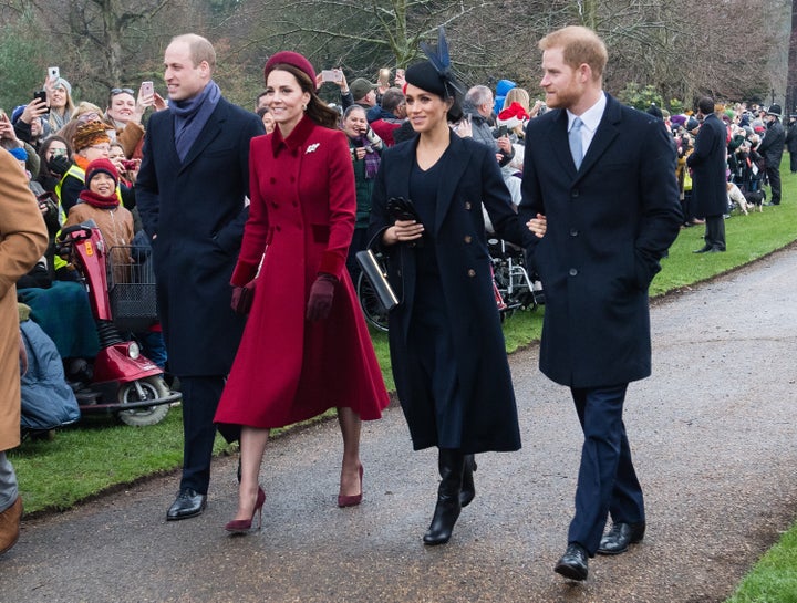 Meghan and Harry with Prince William and his wife Kate Middleton on Christmas Day, 2018. At the time the photo was taken, none of them were allowed to do anything to earn their own money.