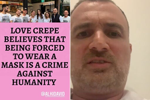 Sydney crepe cafe owner says he singles out customers who wear masks and asks them to sanitise their hands.