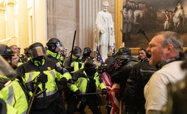 Police intervenes in Trump supporters who breached security and entered the Capitol building in Washington D.C., on January 06, 2021.