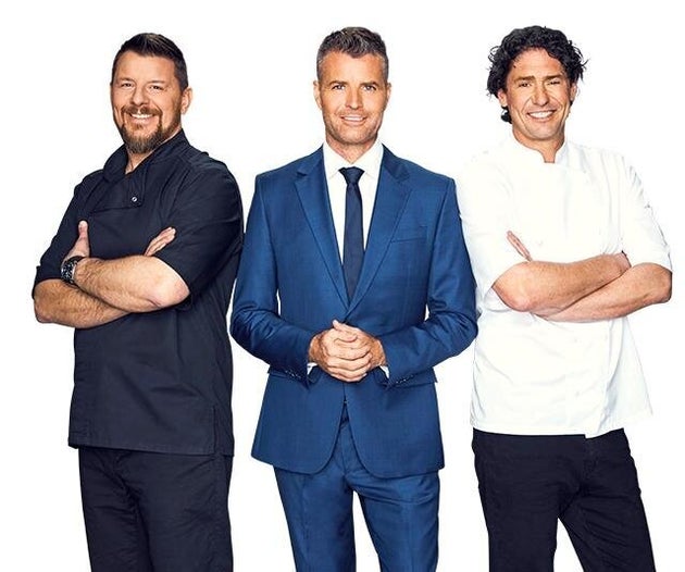 Colin Fassnidge (R) starred on 'My Kitchen Rules' alongside Manu Feildel (L) and Pete Evans (C)