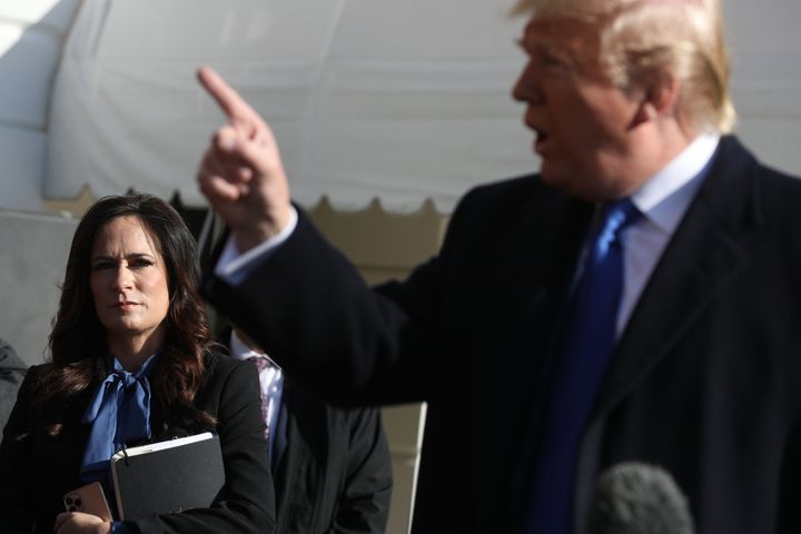 Stephanie Grisham with President Donald Trump on the White House lawn on Nov. 8, 2019, before traveling to Atlanta to kick off his Black Voices for Trump Coalition, an effort to attract more Black voters.
