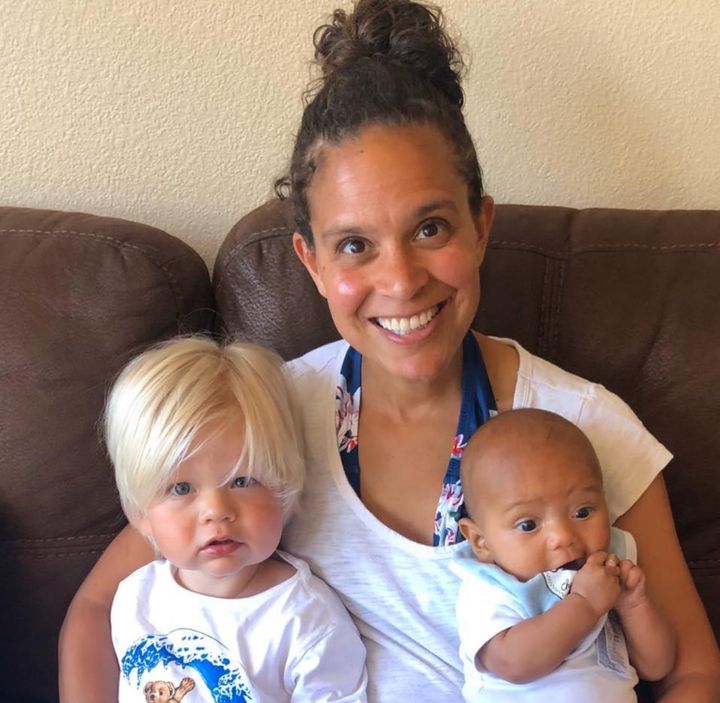 The author with her sons, ages 2 and 4 months, respectively, in the spring of 2020.