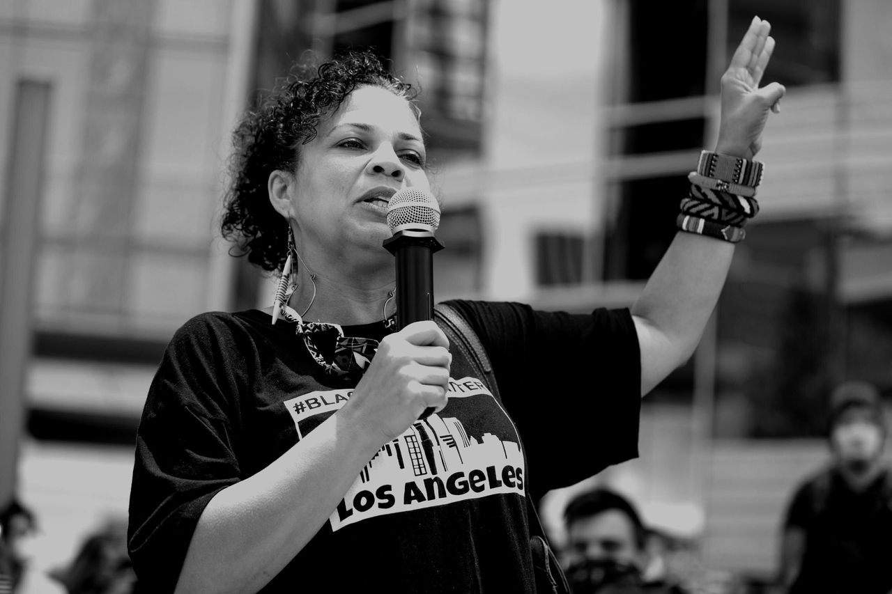 Melina Abdullah participates in the Hollywood talent agencies march to support Black Lives Matter protests in Beverly Hills, California, in June 2020. 