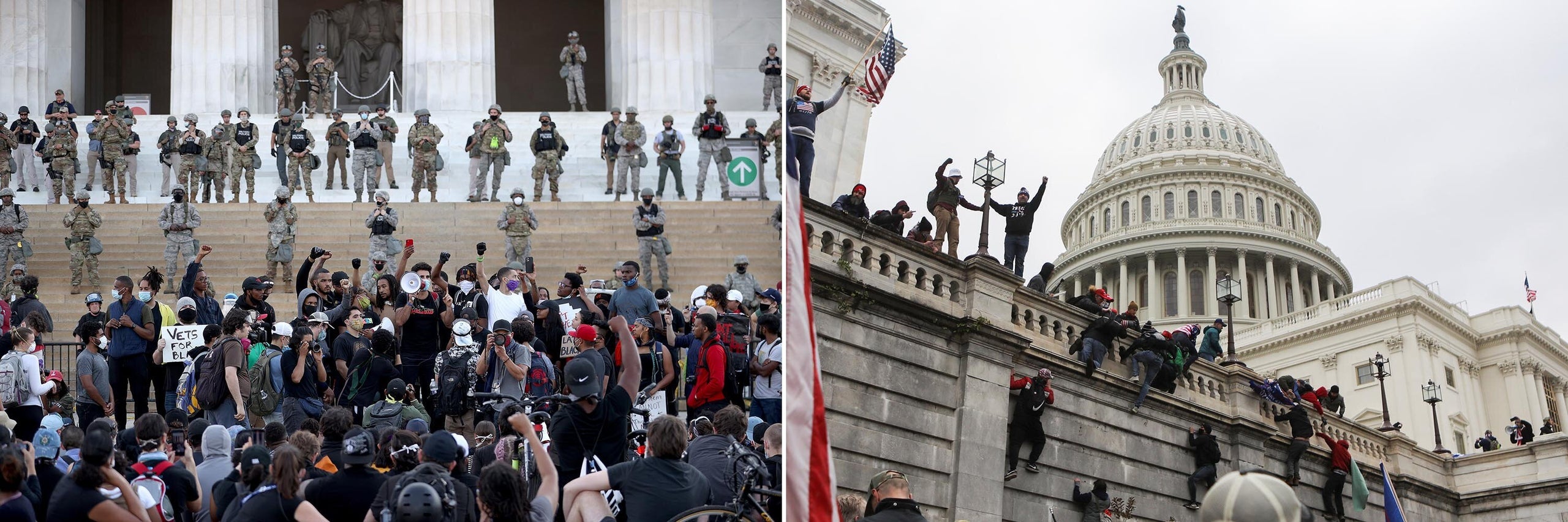 Left: Members of the D.C. National Guard stand on the steps of the Lincoln Memorial monitoring demonstrators during a peacefu