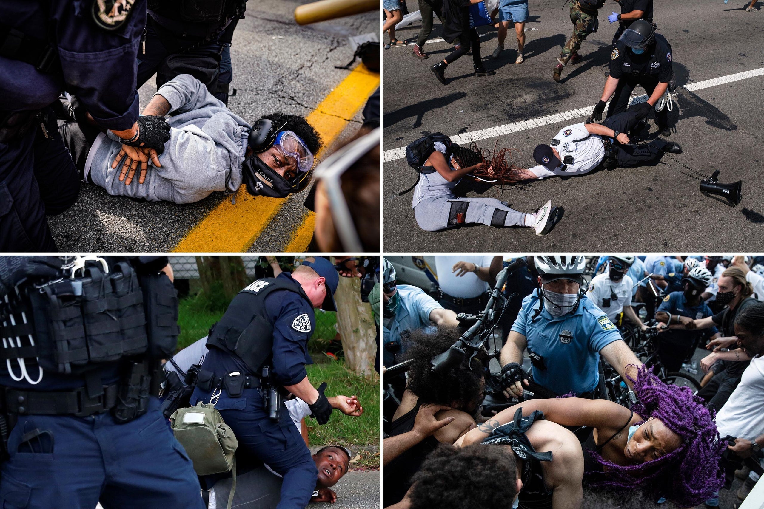 Top left: Riot police arrest antiracist protesters in Louisville, Kentucky, on Sept. 23, 2020. Top right: A Black Lives Matte