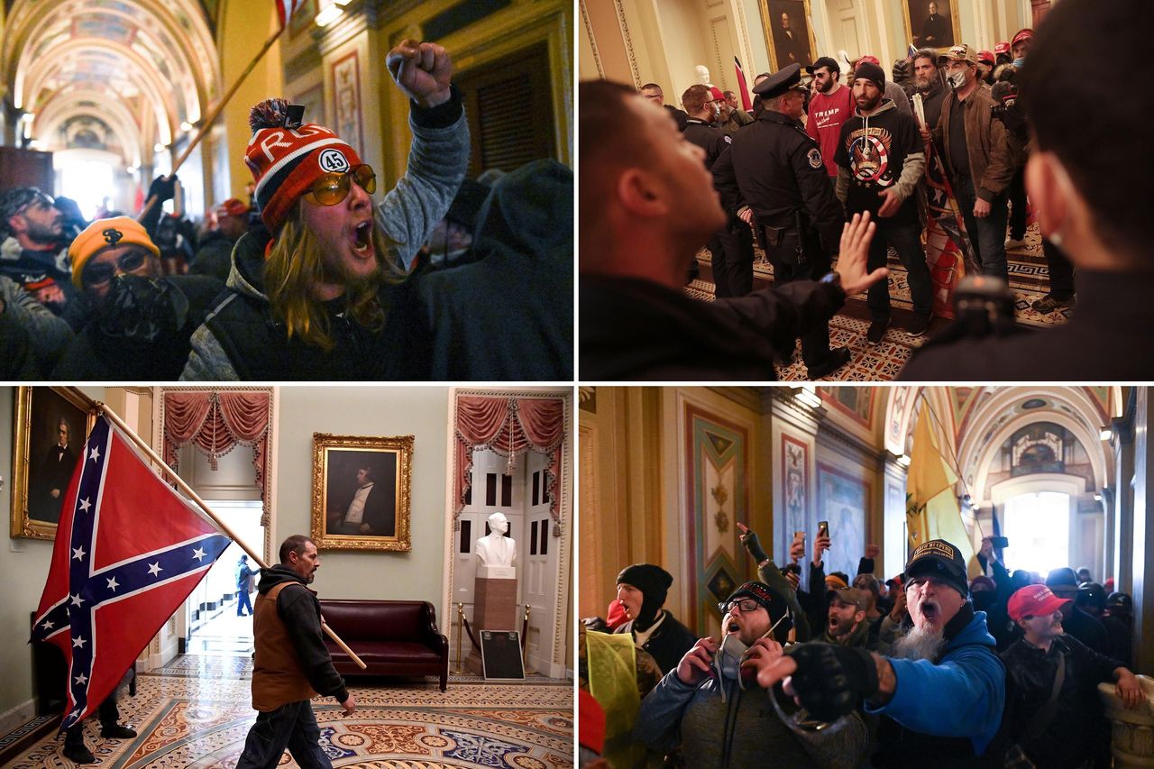Top left: Trump supporters riot inside the U.S. Capitol on Jan. 6, 2021. Top right: Protesters interact with Capitol Police during the insurrection. Bottom left: A Trump supporter carries a Confederate battle flag on the second floor of the U.S. Capitol near the entrance to the Senate. Bottom right: Trump supporters enjoy their riot.