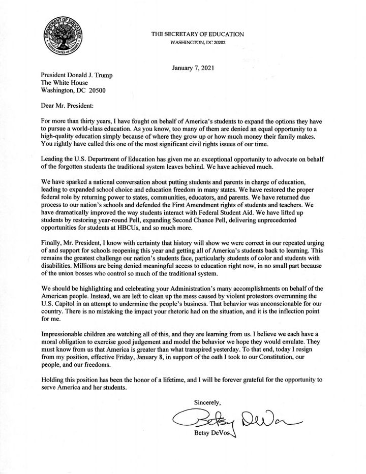 Betsy DeVos' resignation letter to President Trump