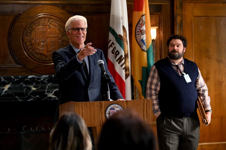 Ted Danson (left) as Mayor Neil Bremer and Bobby Moynihan (right) as Jayden Kwapis in NBC's "Mr. Mayor."