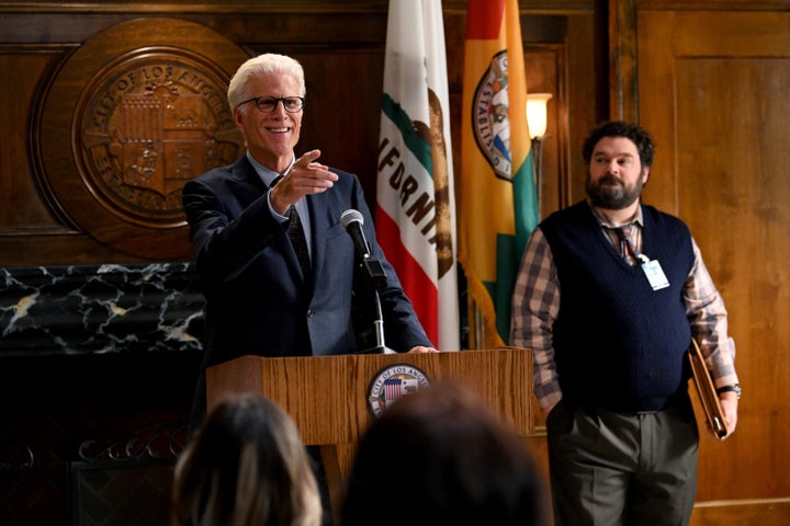 Ted Danson (left) as Mayor Neil Bremer and Bobby Moynihan (right) as Jayden Kwapis in NBC's "Mr. Mayor."