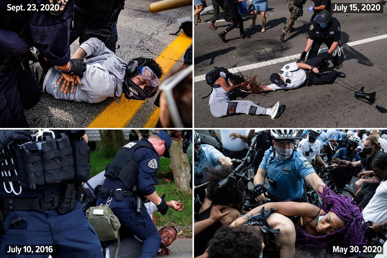 Top left: Riot police arrest antiracist protesters in Louisville, Kentucky, on Sept. 23, 2020. Top right: A Black Lives Matter protester and NYPD officers scuffle on the Brooklyn Bridge during a demonstration on July 15, 2020, in New York. Bottom left: A demonstrator is detained during protests in Baton Rouge, Louisiana, on July 10, 2016. Bottom right: Police and protesters clash on May 30, 2020, in Philadelphia during a demonstration over the death of George Floyd.