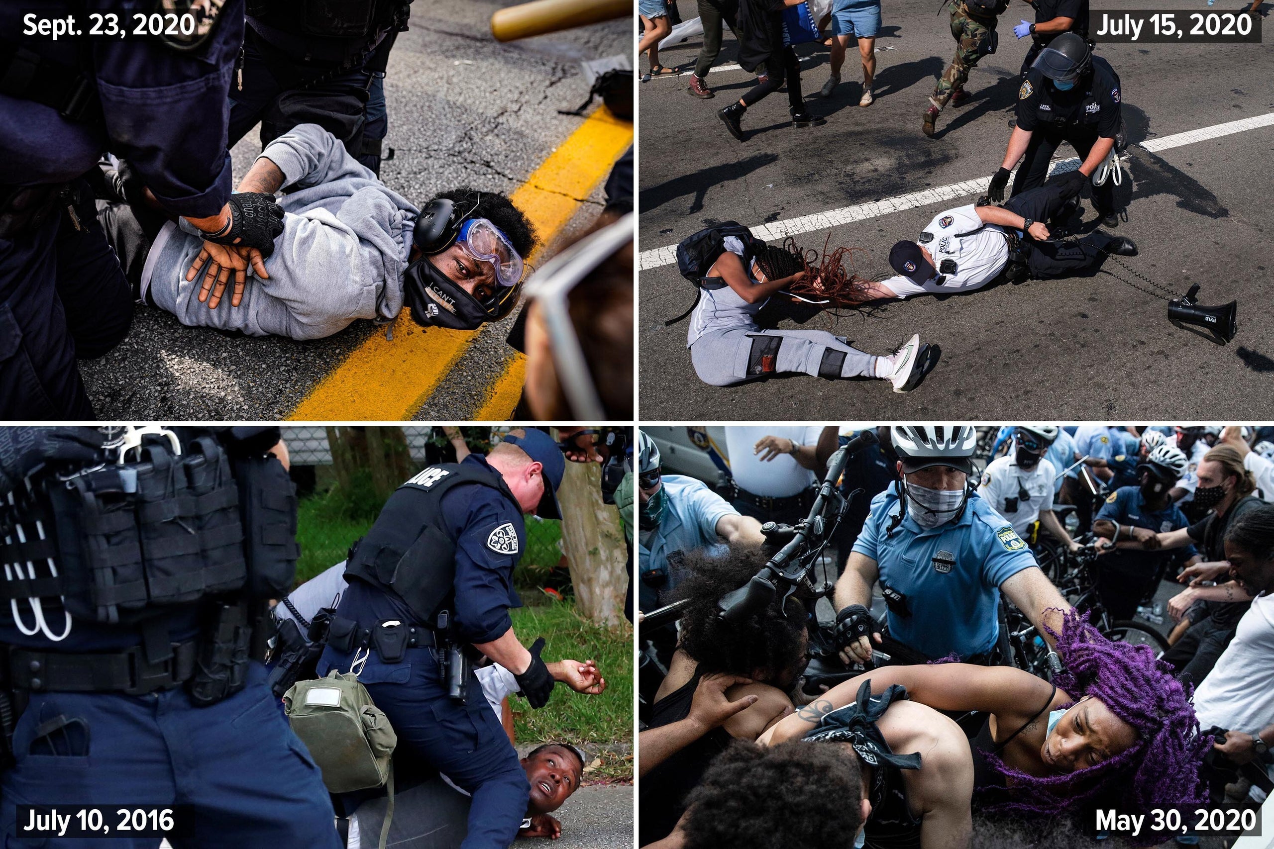 Top left: Riot police arrest antiracist protesters in Louisville, Kentucky, on Sept. 23, 2020. Top right: A Black Lives Matte