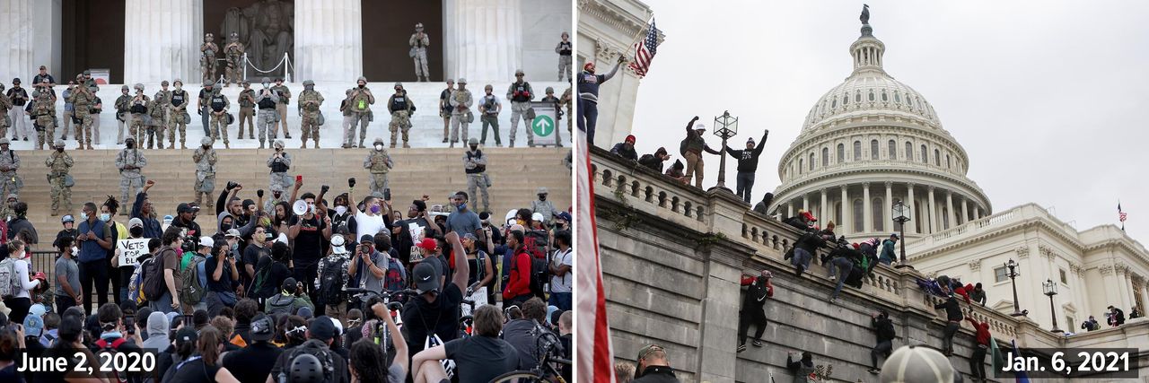 Left: Members of the D.C. National Guard stand on the steps of the Lincoln Memorial monitoring demonstrators during a peaceful protest against police brutality and the death of George Floyd on June 2, 2020. Right: Supporters of U.S. President Donald Trump climb on walls at the U.S. Capitol during a riot against the certification of Joe Biden’s election win on Jan. 6, 2021.
