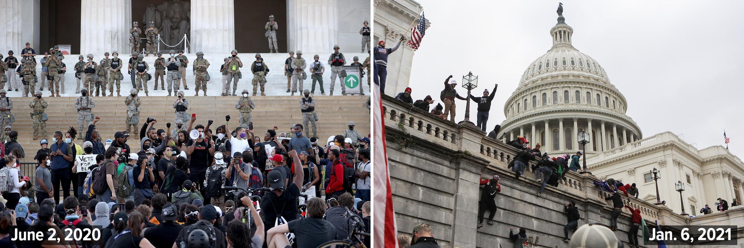 Left: Members of the D.C. National Guard stand on the steps of the Lincoln Memorial monitoring demonstrators during a peacefu