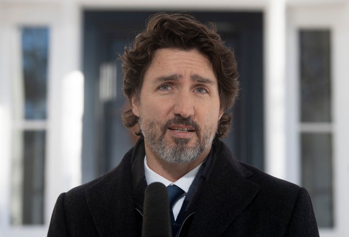 Prime Minister Justin Trudeau delivers his opening remarks during a news conference outside Rideau cottage in Ottawa on Jan. 8, 2021. 