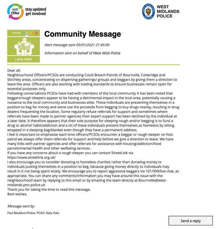 A “community message” sent by West Midlands Police.