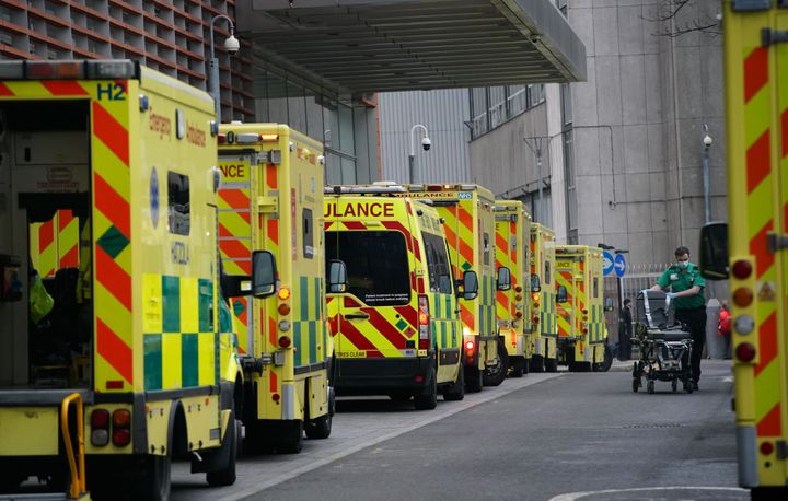 Ambulances outside the Royal London Hospital, after Mayor of London Sadiq Khan declared a "major incident" as the spread of coronavirus threatens to "overwhelm" the capital's hospitals.