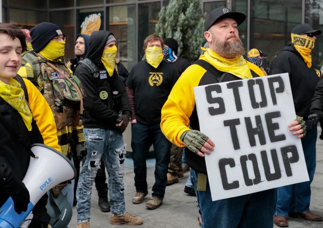 Members of the Proud Boys protest during a rally on Jan. 6, 2021, at the Ohio Statehouse in Columbus,