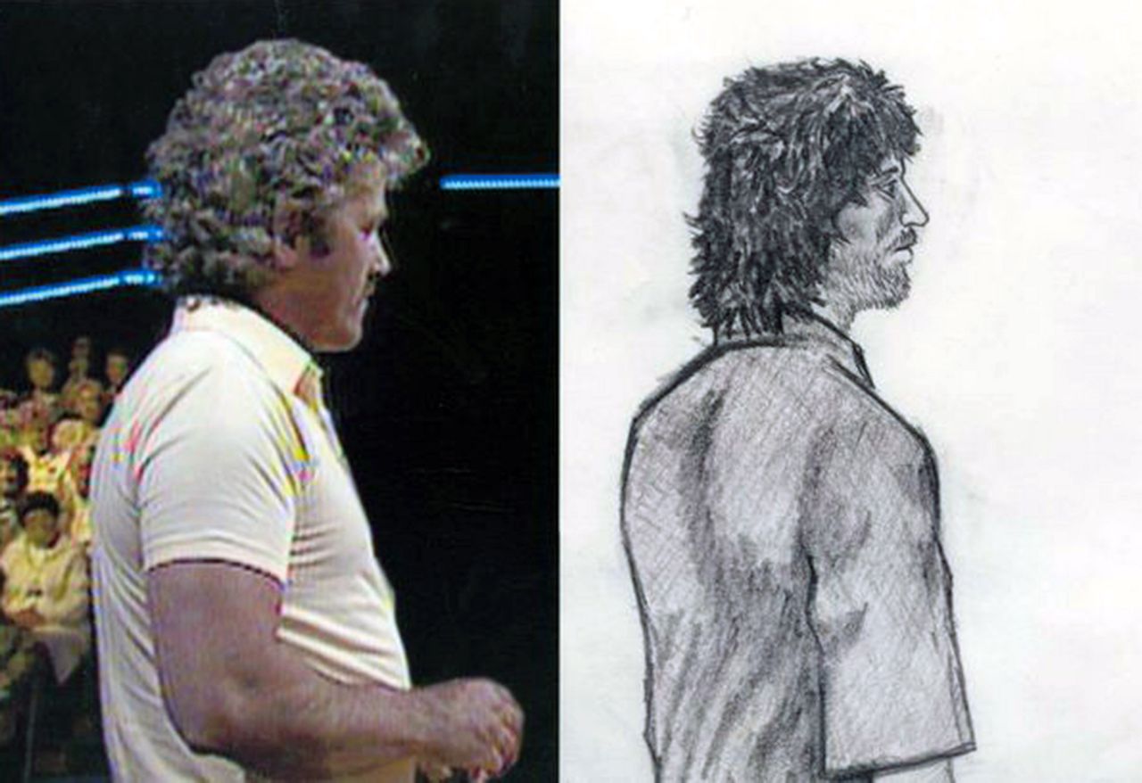 The police sketch of the original suspect is shown on the right, who was described as a "scruffy" bushy-haired man and was compiled from witness descriptions after Cooper was seen acting suspiciously near cashpoints where victim's bank cards were used.