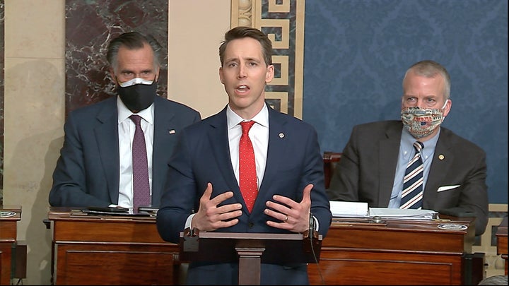 Sen. Josh Hawley (R-Mo.) objects to the certification of Joe Biden's electors after the Capitol was sacked by rioters whom he