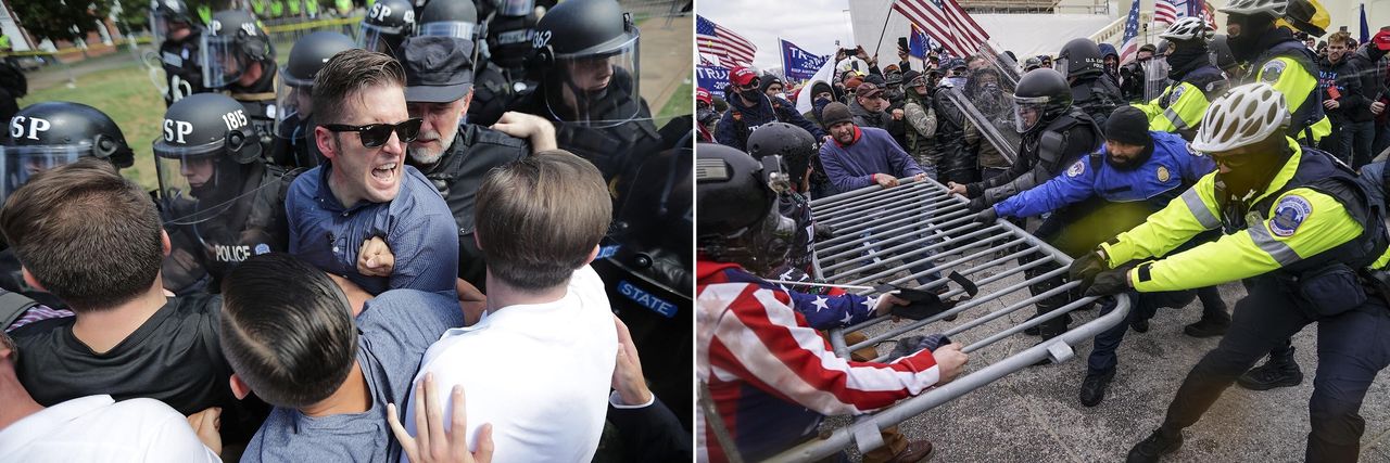 Left: White nationalist Richard Spencer and his supporters push police at the deadly "Unite the Right" rally in 2017 in Charlottesville, Virginia. Right: President Donald Trump's supporters push through a police barrier on Wednesday, Jan. 6, 2021, before breaching the Capitol building.