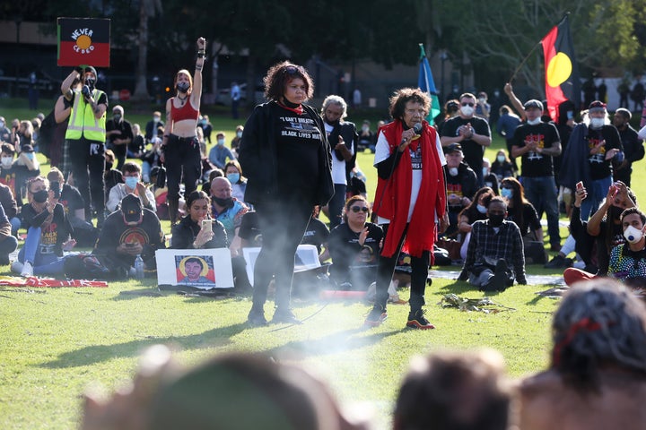 Leetona Dungay, right, speaks in The Domain in Sydney on July 5, 2020, against Aboriginal and Torres Strait Islander deaths in custody.