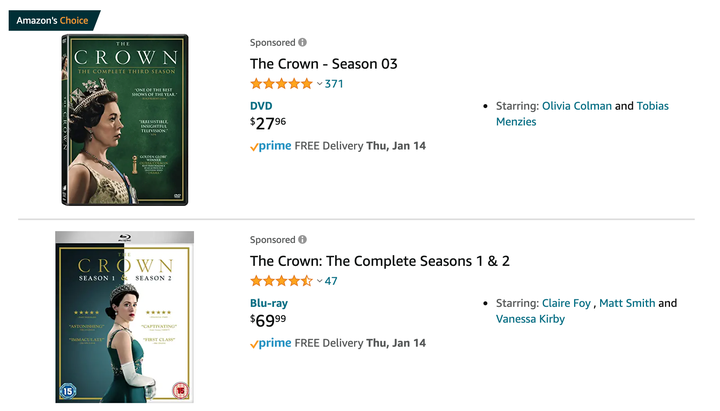 You can buy DVDs of Netflix's "The Crown" on Amazon.