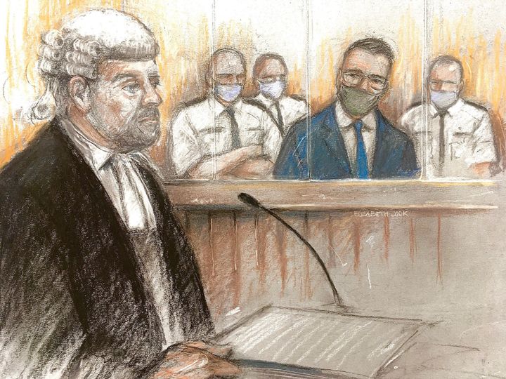 Court artist sketch by Elizabeth Cook of Pawel Relowicz (2nd right), who denies raping and murdering Libby Squire, appearing at Sheffield Crown Court with barrister Richard Wright QC for the prosecution (left).