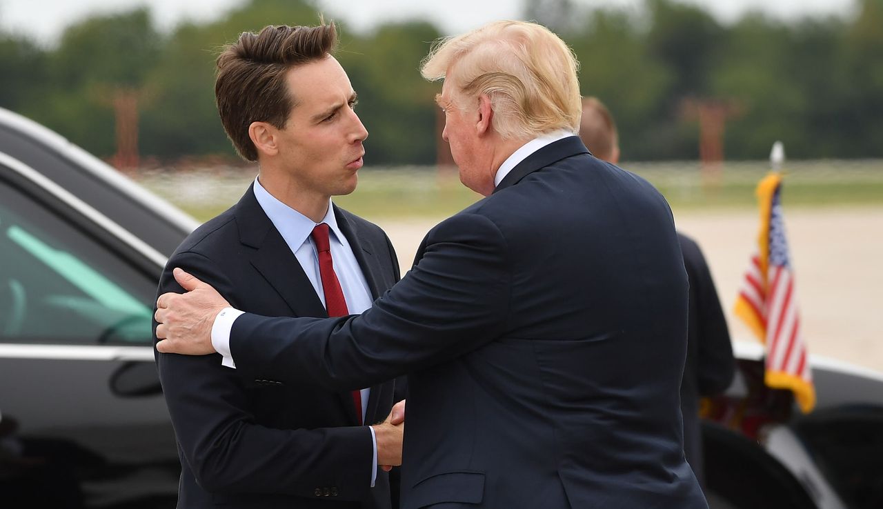 President Donald Trump greeted fellow Republican Josh Hawley in Springfield, Missouri, during Hawley's successful Senate campaign in that state. Hawley became a major player in Trump's bid -- based on lies -- to overturn Joe Biden's win in November's presidential election. Even after Trump incited a mob's attack on the U.S. Capitol last Wednesday, Hawley pressed the fraudulent effort to decertify election results.