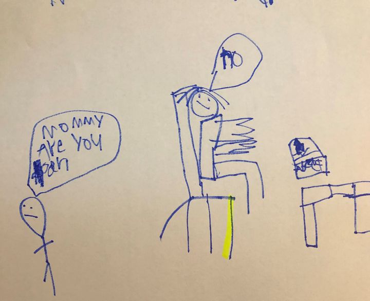Priya Amin's son Kirin drew this picture of her working from home.