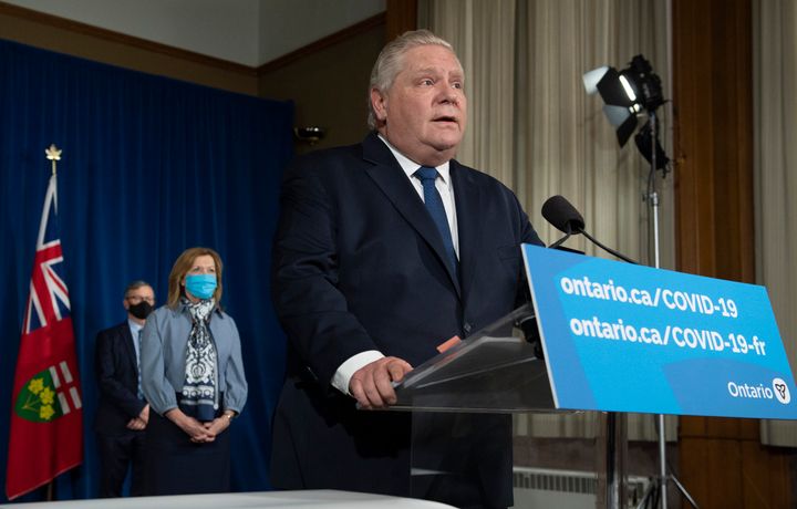 Ontario Premier Doug Ford speaks at Queen's Park in Toronto on Jan. 12, 2021 to announce a state of emergency and stay at home order. 