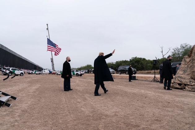 President Donald Trump departs after speaking near a section of the US-Mexico border wall Tuesday in Alamo, Texas.