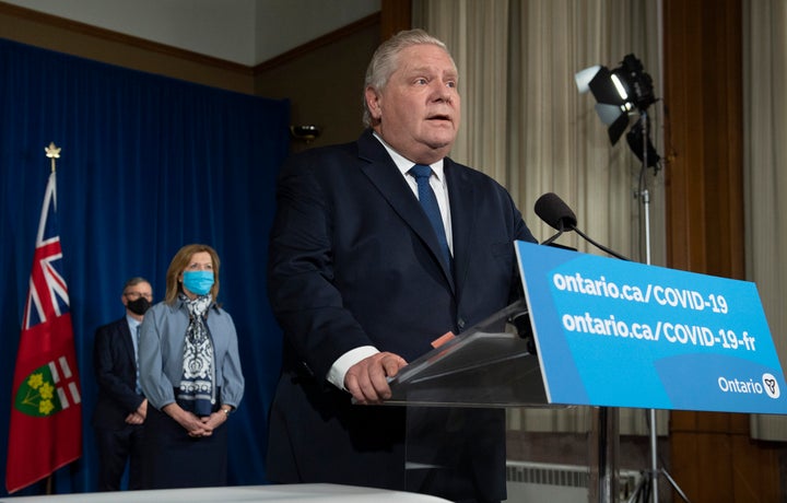 Ontario Premier Doug Ford speaks in Toronto on Jan. 12, 2021.