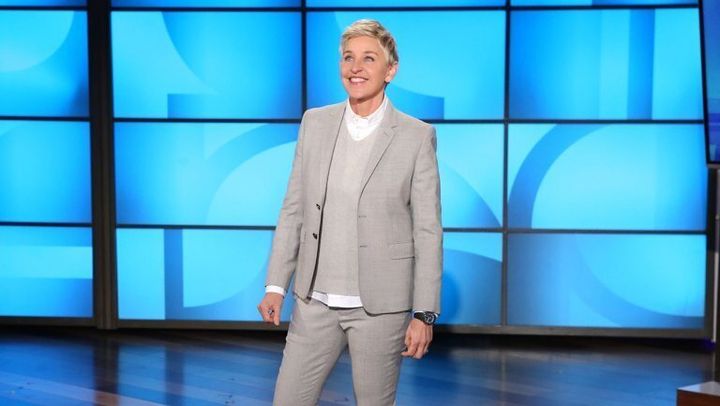 Ellen on the set of her talk show, which resumed production this week