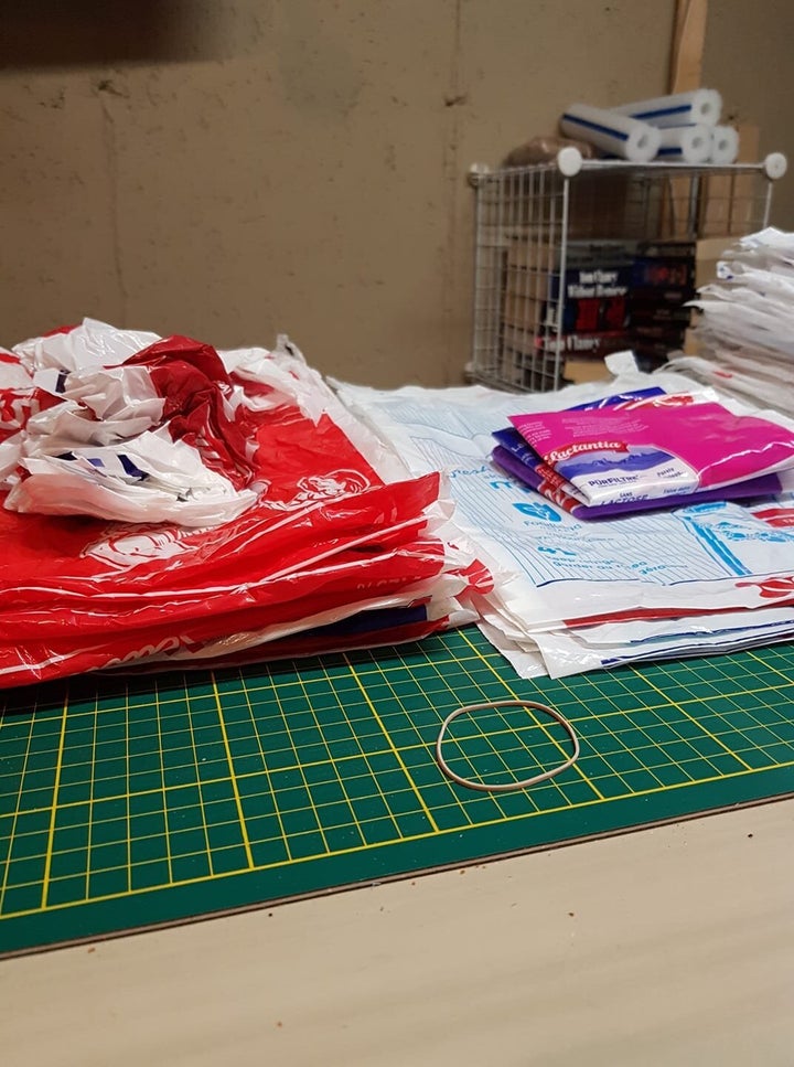 A photo by group member Rick Weber showing the difference between an improper stack of bags (left) and a more helpfully flattened stack (right).