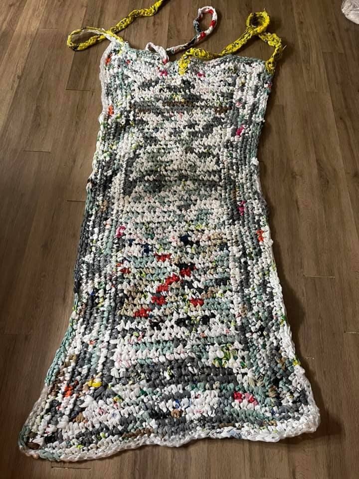 Hundreds of plastic bags went into crocheting this mat by hand.