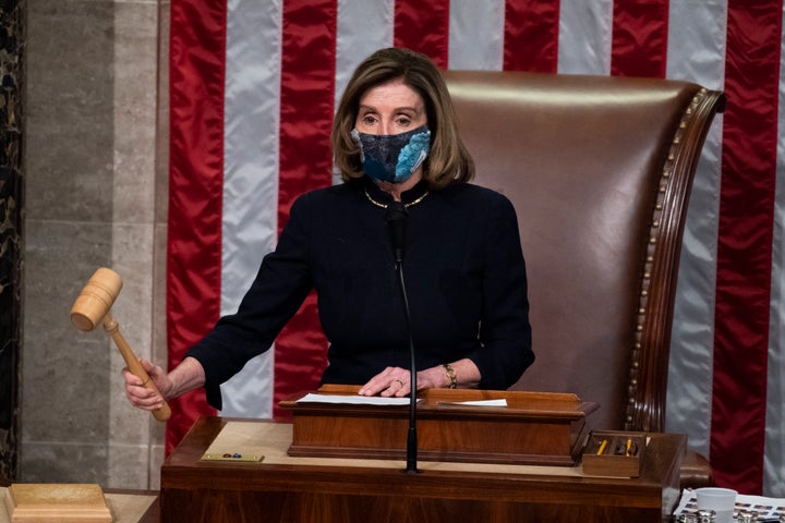 Speaker Nancy Pelosi (D-Calif.), gavels into recess after the House voted to impeach President Donald Trump on Wednesday, Jan. 13.