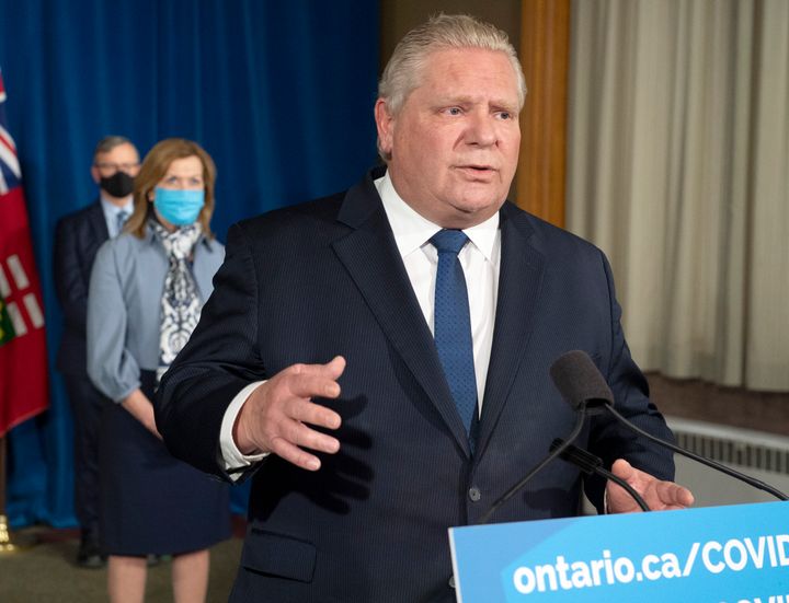 Ontario Premier Doug Ford speaks at Queen's Park in Toronto on Jan. 12, 2021 to announce a state of emergency and stay at home order because of rising cases of COVID-19.