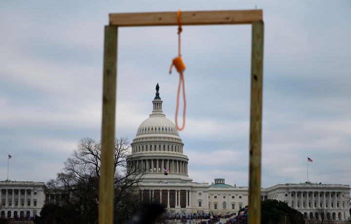 A noose hangs on makeshift gallows as supporters of President Donald Trump riot at the U.S. Capitol on Jan. 6.
