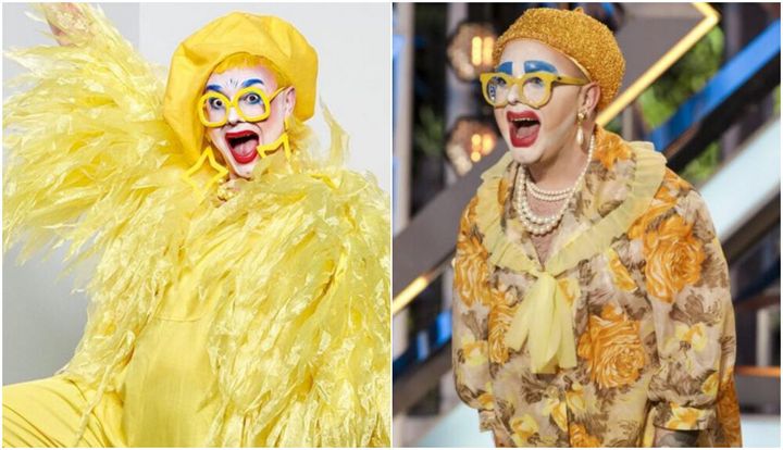 Ginny Lemon on Drag Race UK (left) and on The X Factor in 